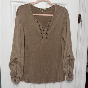 gimmicks by BKE Taupe Lace-Up V-Neck Blouse